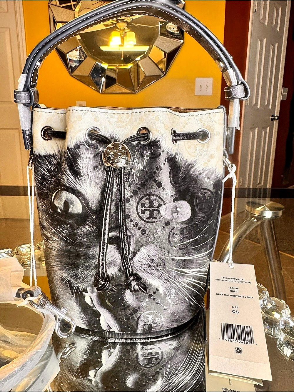 NWT Tory Burch T Monogram Mini Cat Print Bucket Bag